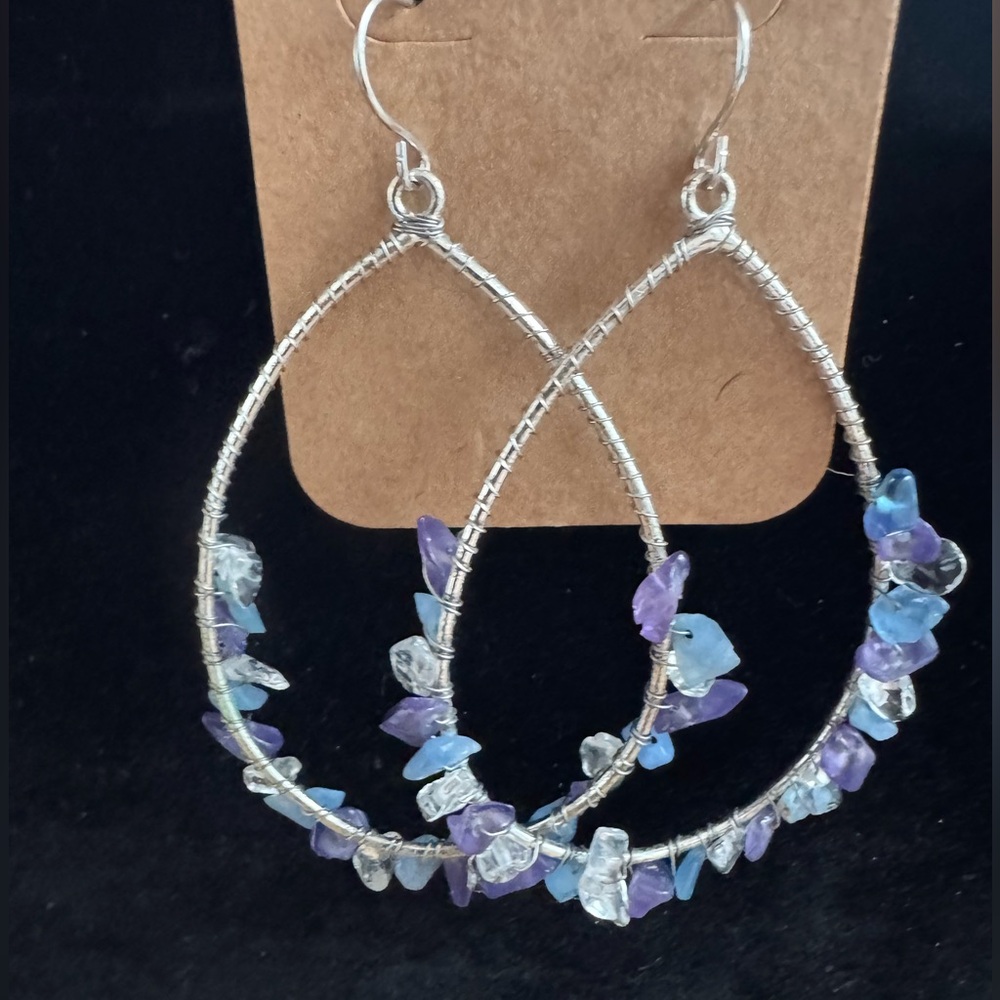 Silver Wire Wrapped Amethyst Gemstone Boho Festival Beaded Teardrop Earrings